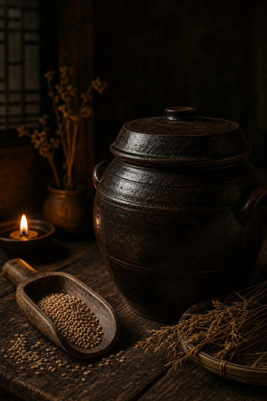 발효 항아리와 곡물 — 효소다움의 정성